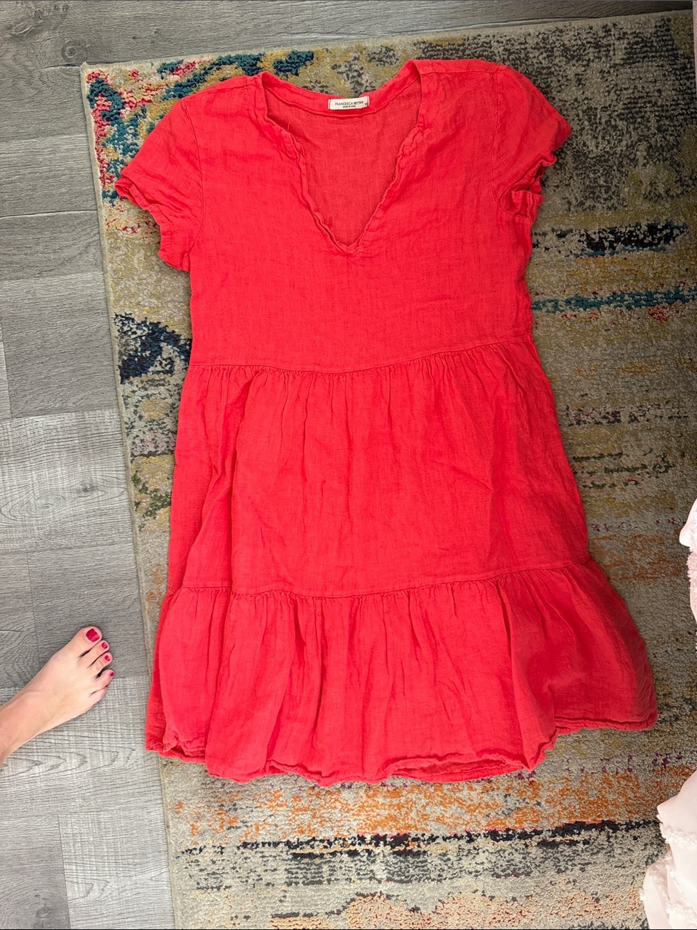 Linen made in Italy Casual Red Tiered Dress with V-Neck